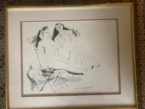 Maria Segers - Koppel op terras  - inkttekening  gesigneerd, Antiek en Kunst, Kunst | Tekeningen en Fotografie, Ophalen of Verzenden