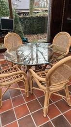 Rotan eethoek veranda – ronde glazen tafel + 4 stoelen, Tuin en Terras, Ophalen, 4 zitplaatsen, Gebruikt, Rotan