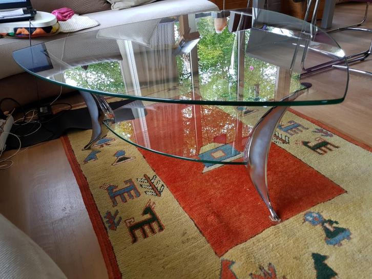 Glazen design salontafel, Huis en Inrichting, Tafels | Salontafels, Gebruikt, Minder dan 50 cm, 50 tot 100 cm, 50 tot 100 cm, Overige vormen