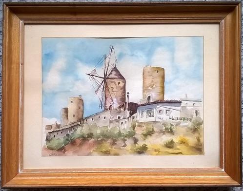 Kleurige aquarel met oude graanmolen in Montuiri Mallorca, Antiek en Kunst, Curiosa en Brocante, Ophalen of Verzenden