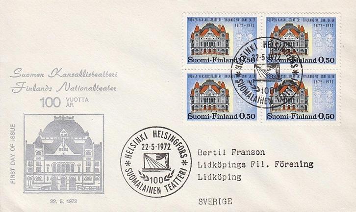 1972 - FINLAND - FDC 100 jaar Nationaal Theater [Y&T 667], Postzegels en Munten, Postzegels | Europa | Scandinavië, Gestempeld