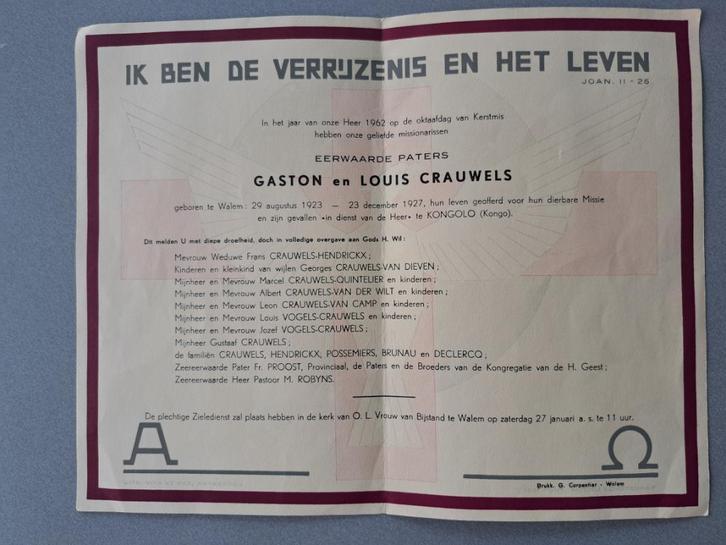 Doodsbrief Paters Gaston & Louis Crauwels, Verzamelen, Bidprentjes en Rouwkaarten, Rouwkaart, Ophalen of Verzenden