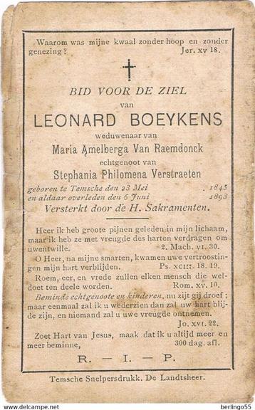 Bp. Boeykens Leonard. ° Temsche 1843 † Temsche 1893, Enlèvement ou Envoi, Image pieuse