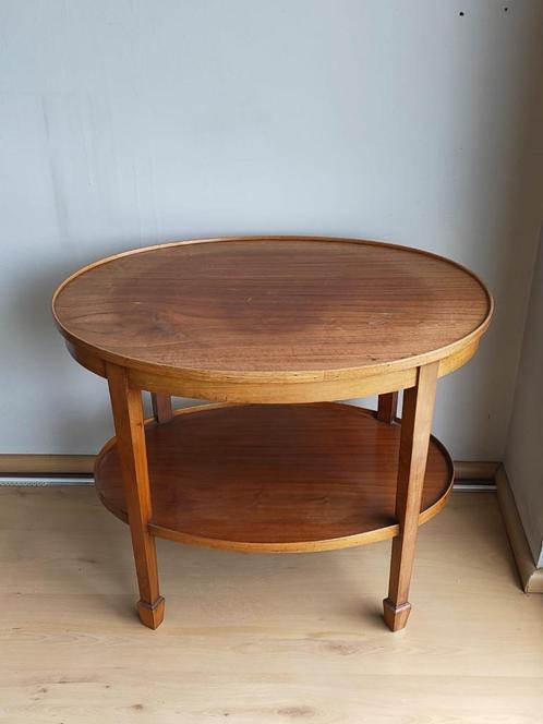 Rond houten bijtafeltje met twee niveaus, Huis en Inrichting, Tafels | Sidetables, Gebruikt, Rond, Ophalen