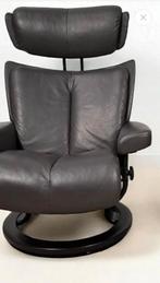 Stressless Ekornes MAGIC-serie fauteuil - donkergrijs leer, Huis en Inrichting, Fauteuils, Ophalen, Zo goed als nieuw, Hout