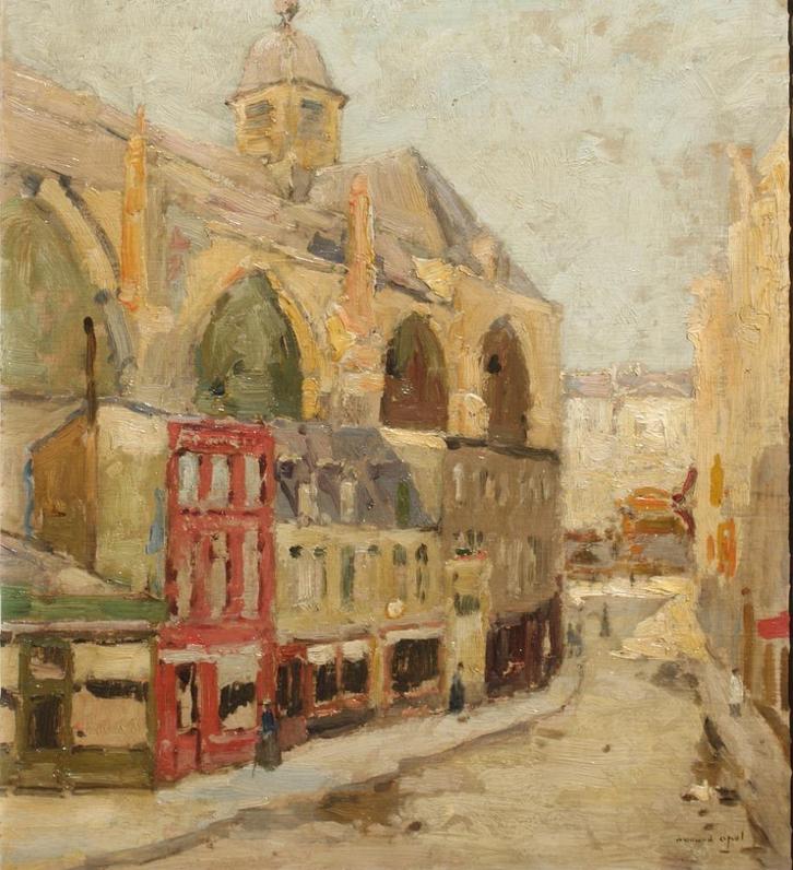 Armand Apol (1879-1950): Sint-Niklaaskerk Brussel (52 x 59cm, Antiek en Kunst, Kunst | Schilderijen | Klassiek, Ophalen of Verzenden