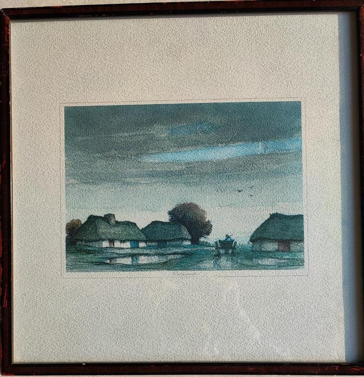 **Mooie ets (ingekaderd) “ valavond” (Baksteen)      *bieden, Antiek en Kunst, Kunst | Litho's en Zeefdrukken, Ophalen