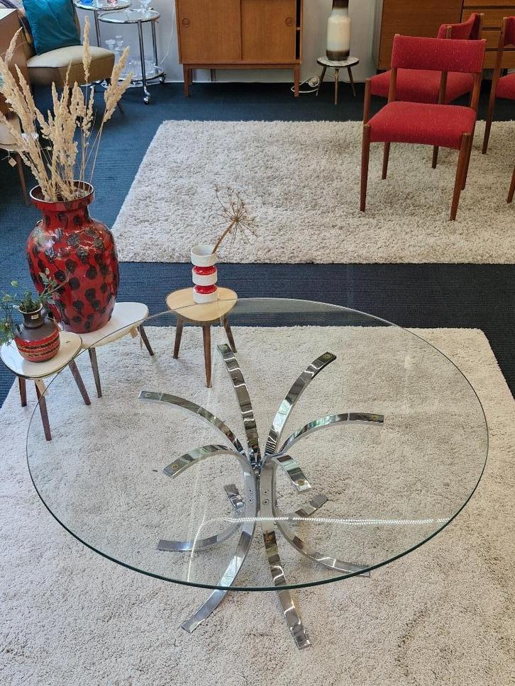 Vintage space age salontafel chroom / glas rond 70s, Huis en Inrichting, Tafels | Salontafels, Gebruikt, Rond, Glas, Ophalen