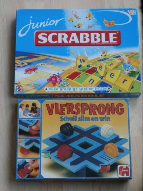 Scrabble Junior + Viersprong, Hobby en Vrije tijd, Gezelschapsspellen | Bordspellen, Zo goed als nieuw, Een of twee spelers, Drie of vier spelers