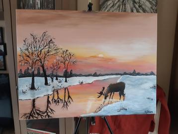 Schilderij rustig landschap met hert beschikbaar voor biedingen