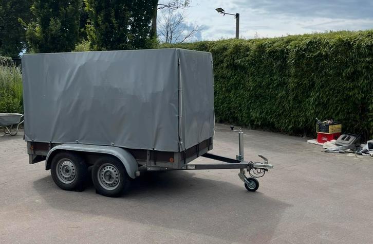 Aanhangwagen dubbelas met huif en loofhekken, Auto diversen, Aanhangers en Bagagewagens, Zo goed als nieuw, Ophalen