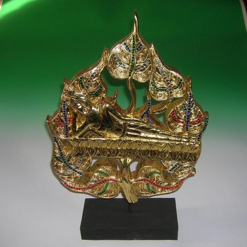 Beeld: Groot gouden blad met liggende Boeddha, Maison & Meubles, Accessoires pour la Maison | Statues de Bouddha, Neuf, Enlèvement