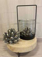 windlicht in zwart metaal met 2 stenen bloemen, 25 tot 50 cm, Zwart, Nieuw, Ophalen of Verzenden