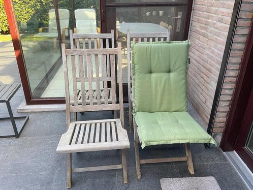 4 tuinstoelen teak met kussen en ronde tafel, Tuin en Terras, Tuinstoelen, Gebruikt, Teakhout, Inklapbaar, Ophalen