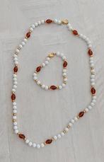 Witbruin-gouden halsketting + armband, Handtassen en Accessoires, Kettingen, Ophalen, Nieuw, Bruin, Kunststof