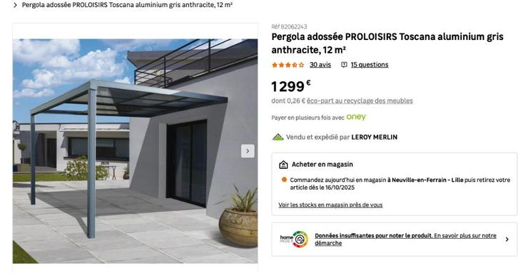 Pergola adossée PROLOISIRS Toscana  gris anthracite, 12 m², Tuin en Terras, Overkappingen, Zo goed als nieuw, Ophalen