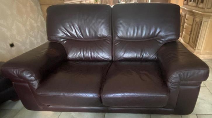 Donkerbruin lederen salon (3+2+1-zit), Huis en Inrichting, Zetels | Zetels, Gebruikt, Rechte bank, Overige maten, 150 tot 200 cm