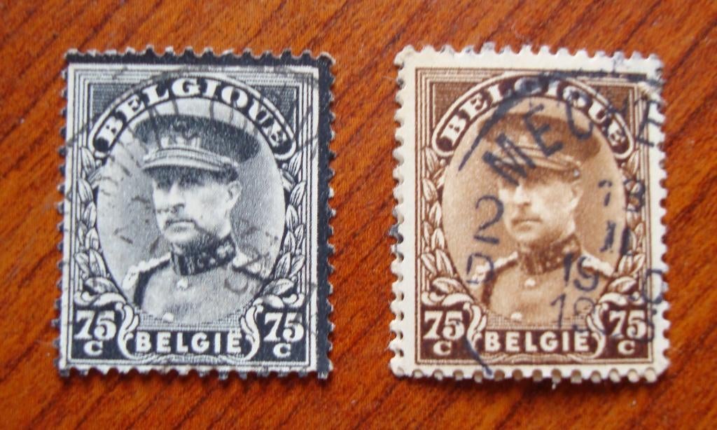 2 Belgische postzegels 75 cent koning Albert I 1931, Verzenden, Koninklijk huis, Frankeerzegel, Gestempeld