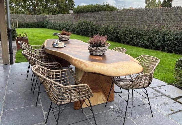 Luxe tuintafel boomstam- massief hout- unieke stukken, Tuin en Terras, Tuintafels, Zo goed als nieuw, Vierkant, Hout, Ophalen of Verzenden