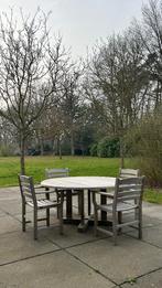 Tuintafelset Gloster, 6 stoelen, gratis parasol & ligstoel, Tuin en Terras, Tuintafels, Ophalen, Gebruikt, Rond, Teakhout