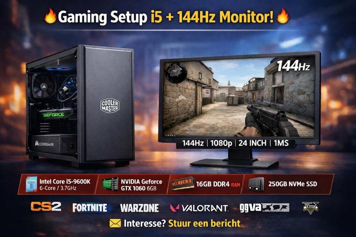 Gaming Setup i5 + 144Hz Monitor, Informatique & Logiciels, Ordinateurs de bureau, 4 Ghz ou plus, SSD, 16 GB, Avec carte vidéo