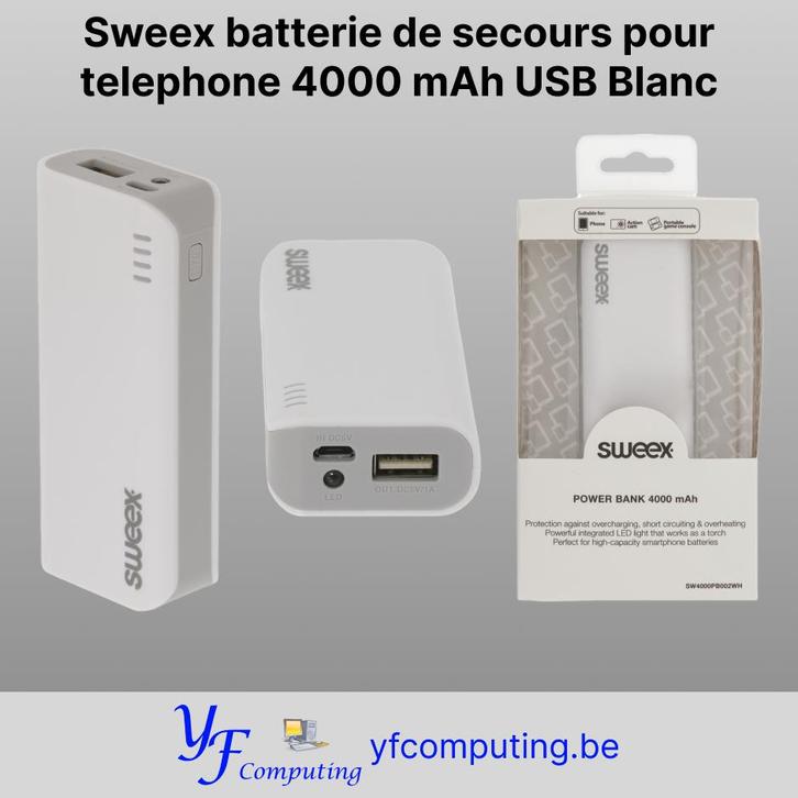 Sweex batterie de secours pour telephone 4000 mAh USB Blanc, Télécoms, Batteries externes, Neuf, Enlèvement ou Envoi