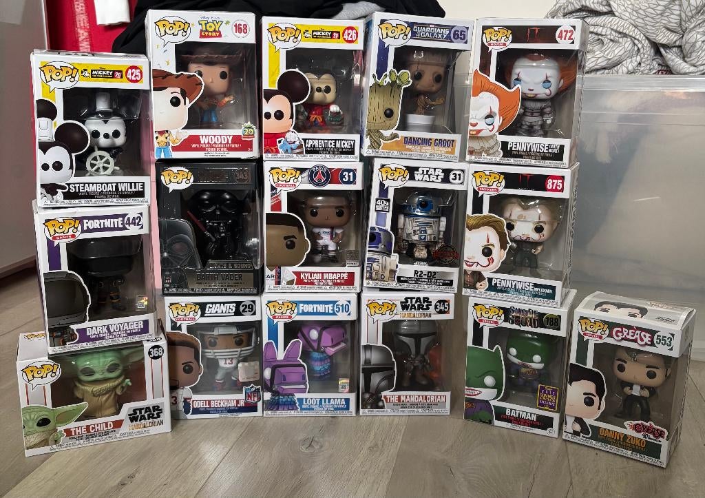 Lot 16 Funko Pop – Star Wars, Disney, Batman, Fortnite, Collections, Statues & Figurines, Comme neuf, Autres types, Enlèvement