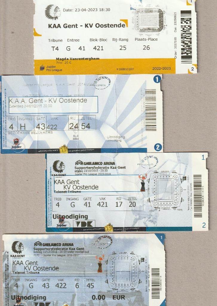 4 tickets différents (utilisés) Gent - Oostende (2015-2023), Collections, Enlèvement ou Envoi, Utilisé, Autres types