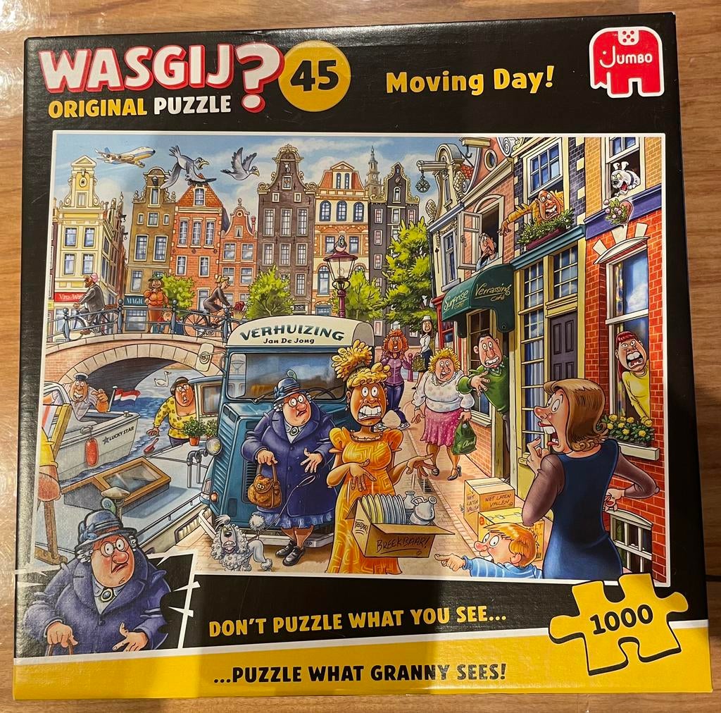 Wasgij Original Puzzel 45 Moving Day 1000 stjs Recent model, Ophalen of Verzenden, 500 t/m 1500 stukjes, Zo goed als nieuw, Legpuzzel