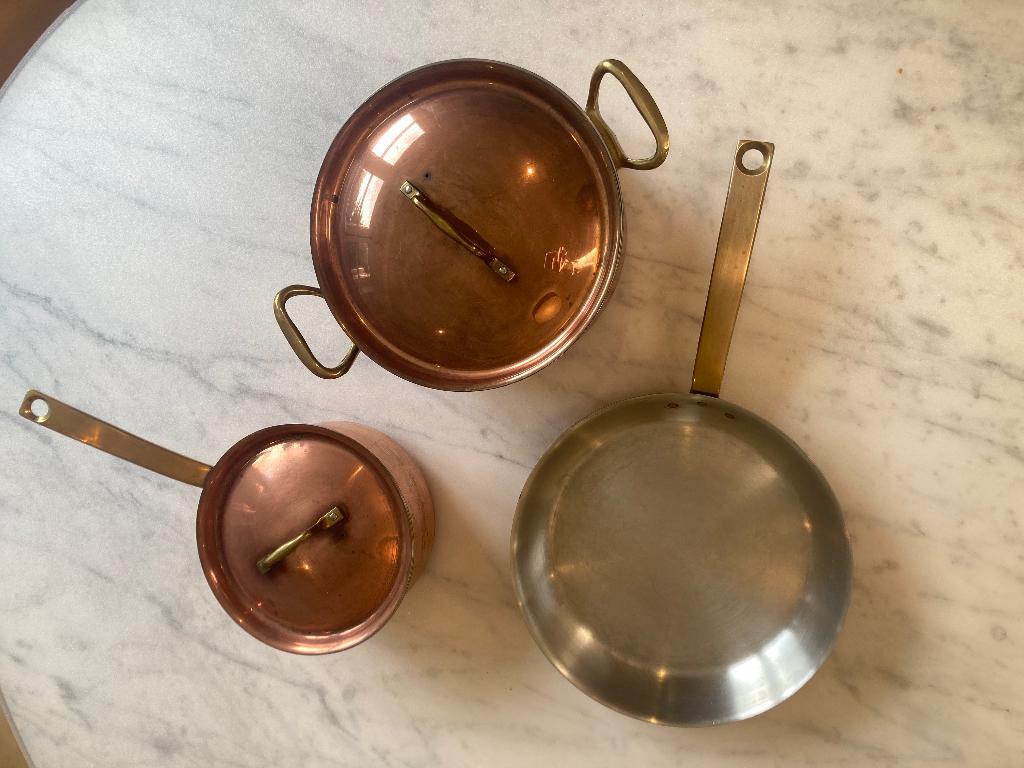 Set koperen potten, Maison & Meubles, Cuisine | Casseroles & Poêles, Enlèvement, Utilisé, Autres matériaux, Ensemble de casseroles