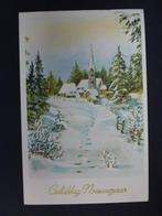 oude prentkaart Gelukkig Nieuwjaar dorpje , kerk, Ophalen of Verzenden, 1960 tot 1980, Gelopen, Feest(dag)