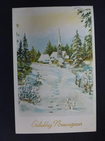 oude prentkaart Gelukkig Nieuwjaar dorpje , kerk beschikbaar voor biedingen