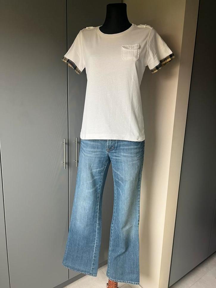 ZGAN T-shirt Barbour wit met tartan motief aan de mouwen 38, Kleding | Dames, T-shirts, Zo goed als nieuw, Wit, Ophalen of Verzenden