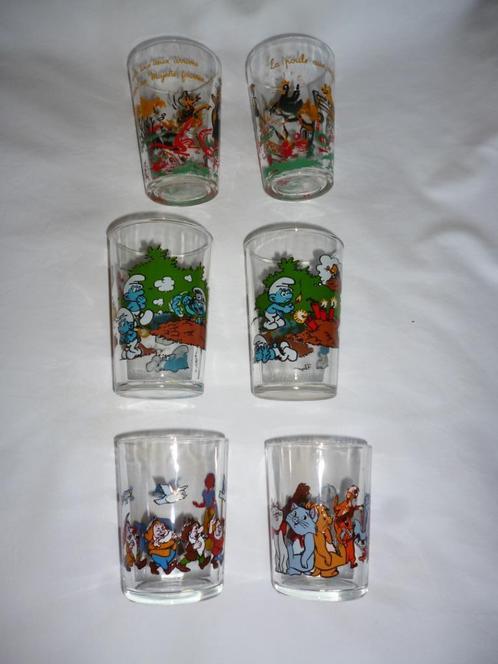 6 drinkglazen glas Disney Smurf Peyote La poule aux oeufs, Verzamelen, Glas en Drinkglazen, Ophalen of Verzenden