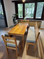 Massieve houten tafel met zitbanken, Ophalen, Gebruikt, 100 tot 150 cm, 50 tot 100 cm