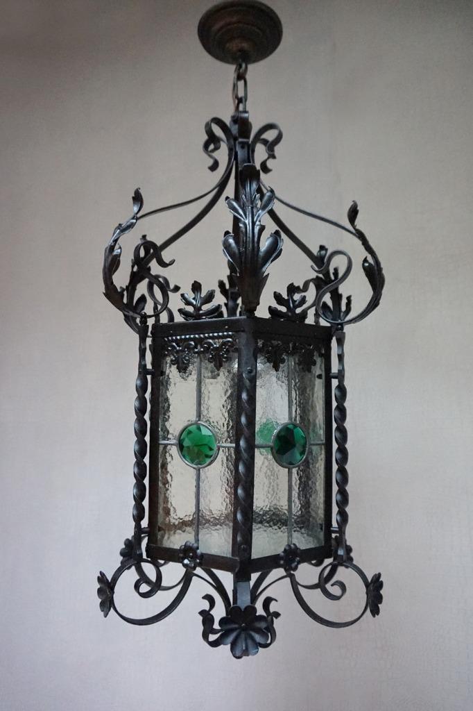 Grote antieke glas in lood Hanglamp - Lantaarn - Kasteellamp, Huis en Inrichting, Lampen | Hanglampen, Gebruikt, Glas, Metaal