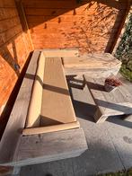 Loungebank met tafeltje in steigerhout., Enlèvement, Utilisé, Bois