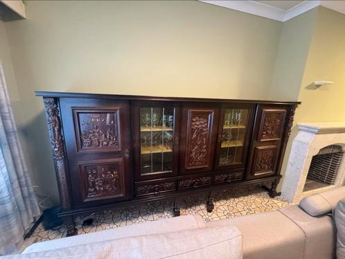 Massieve antieke vitrinekast in donker eikenhout met glas, Antiek en Kunst, Antiek | Meubels | Kasten, Ophalen