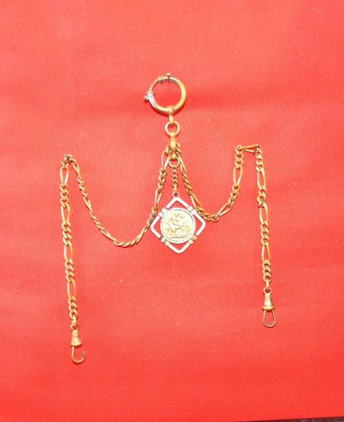 D chaine pour montre gousset breloque medaille saint george, Handtassen en Accessoires, Antieke sieraden, Overige typen, Koper