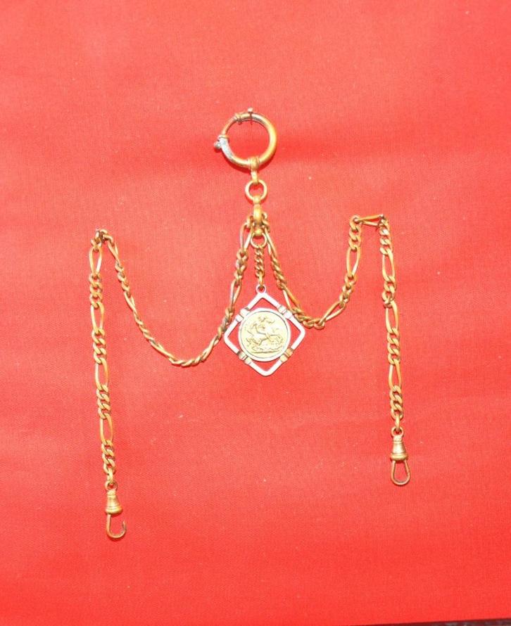D chaine pour montre gousset breloque medaille saint george, Handtassen en Accessoires, Antieke sieraden, Overige typen, Koper
