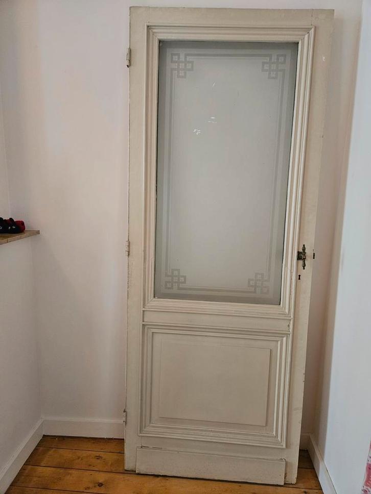 Vintage massief houten deur met mooi mat glas, Doe-het-zelf en Bouw, Deuren en Vliegenramen, Gebruikt, Glas, Hout, Ophalen