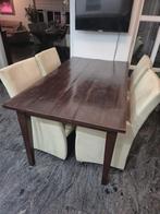 Tafel teak met twee laadjes en 4 lederen stoelen verrijdbaar, Ophalen, Gebruikt, Twee