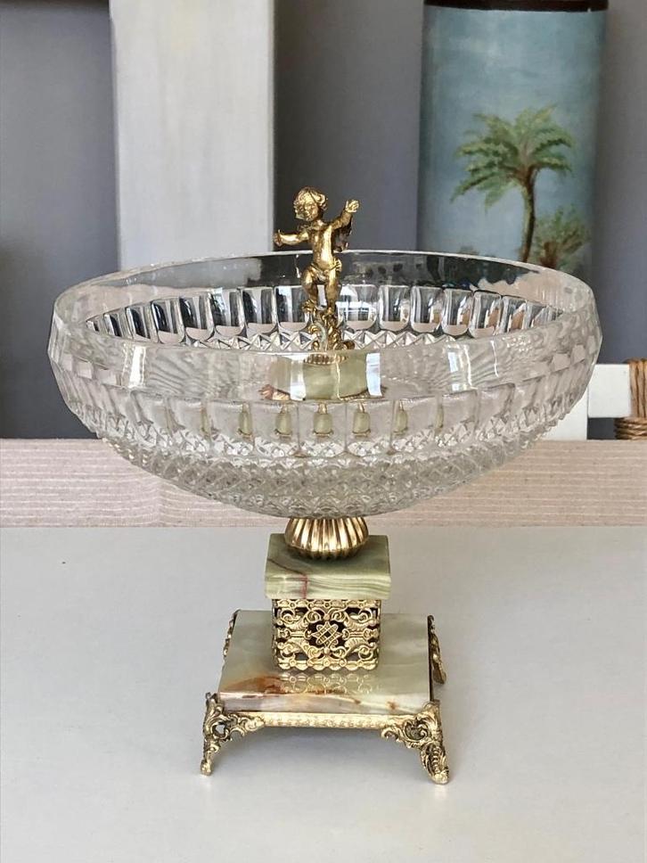 Vintage fruitschaal in kristal onyx en messing, Antiek en Kunst, Antiek | Glaswerk en Kristal, Ophalen