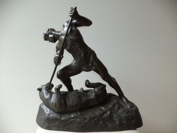 antiek bronzen beeld Man die tijger doodt (Jef Lambeaux), Antiek en Kunst, Kunst | Beelden en Houtsnijwerken, Ophalen