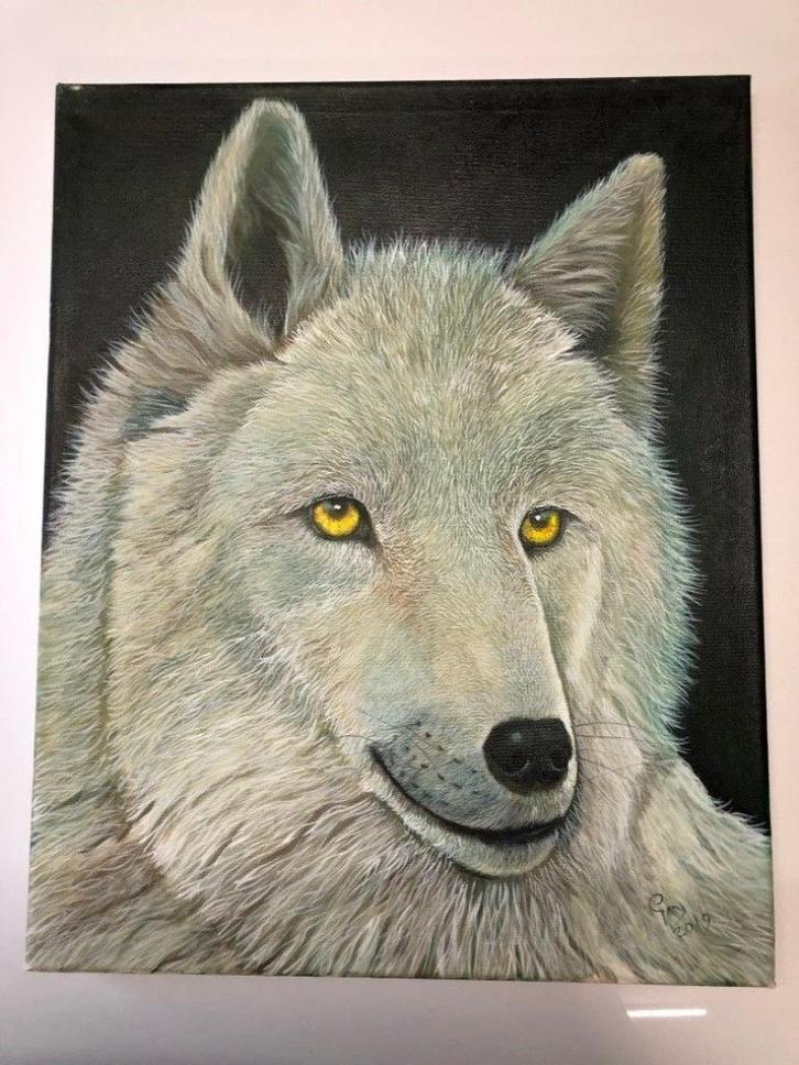 Schilderij Gary Wakeham - Yellow Eyes (White Wolf), Huis en Inrichting, Woonaccessoires | Schilderijen, Tekeningen en Foto's, Zo goed als nieuw