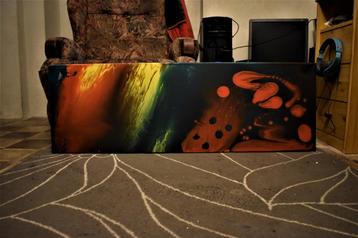 Twee asteroïden, abstract schilderij van Joky Kamo beschikbaar voor biedingen