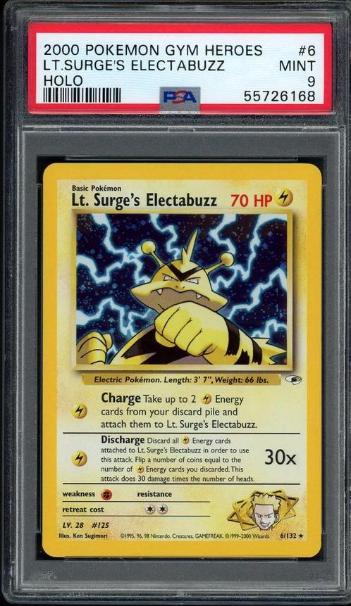 LT. Surge's Electabuzz Holo PSA 9 - 6/132 - Gym Heroes 2000, Hobby en Vrije tijd, Verzamelkaartspellen | Pokémon, Zo goed als nieuw