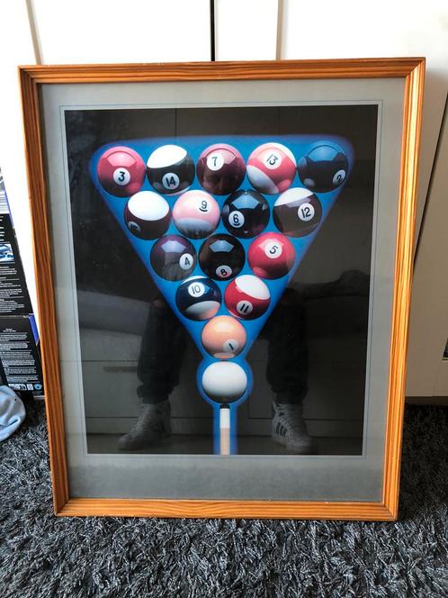 Houten kader met prent poolballen., Huis en Inrichting, Woonaccessoires | Schilderijen, Tekeningen en Foto's, Ophalen