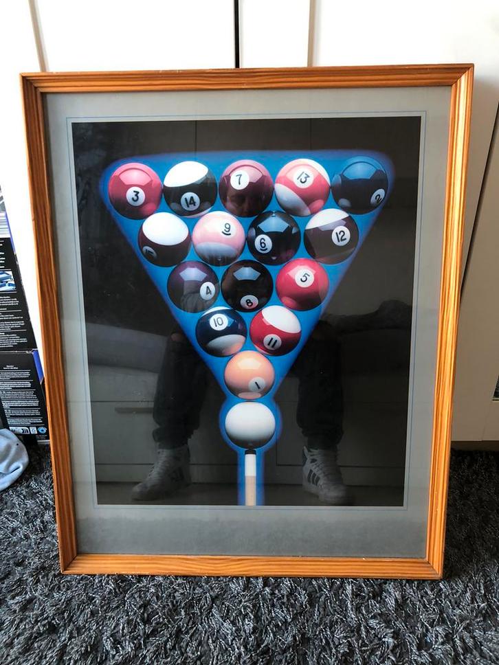 Houten kader met prent poolballen., Huis en Inrichting, Woonaccessoires | Schilderijen, Tekeningen en Foto's, Ophalen