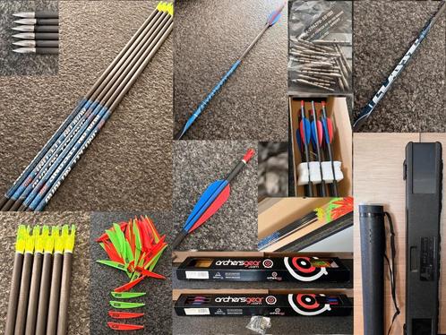 12 Pijlen en 6 schachten, grote set veren, 2 pijlkoker+kofer, Sport en Fitness, Handboogschieten, Nieuw, Pijlen, Ophalen